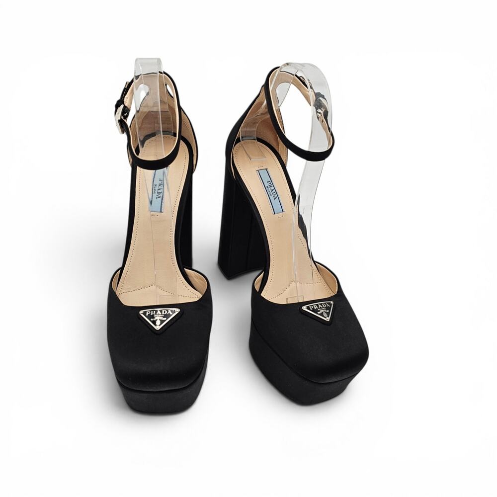 Prada Black Satin Platform Block Heel Pump Logo Ankle Strap Silver Size 39.5 9.5